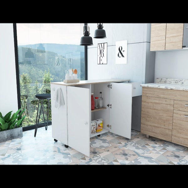 Tuhome Kitchen Island Cart Victoria, 4 Interior Shelves, 6 Carters, Drawer, 2 Door Cabinet, White/Light Oak MBD5461 - main
